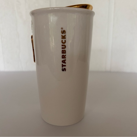 STARBUCKS 2015 CERAMIC ZIPPER MUG WITH LID WHITE/GOLD 10 OUNCE NWT - Picture 7 of 11